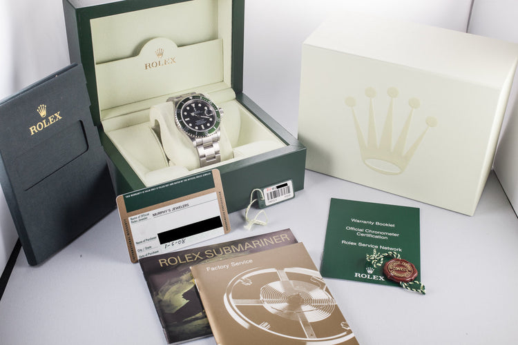 Mint with Stickers 2007 Rolex Anniversary Green Submariner 16610V with Box and Papers