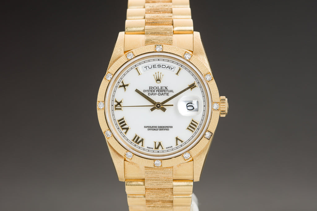 1995 Rolex 18308 Bark Finish Day-Date White Roman Dial & 12 Diamond Bezel